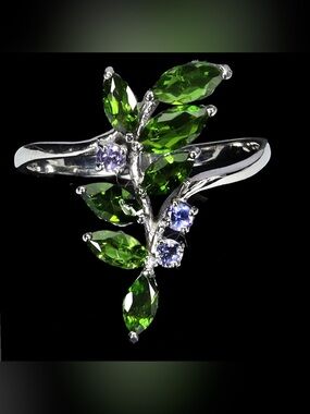 Stunning Natural Chrome diopside and Tanzanite 925 Sterling Silver Ring Size 7.5